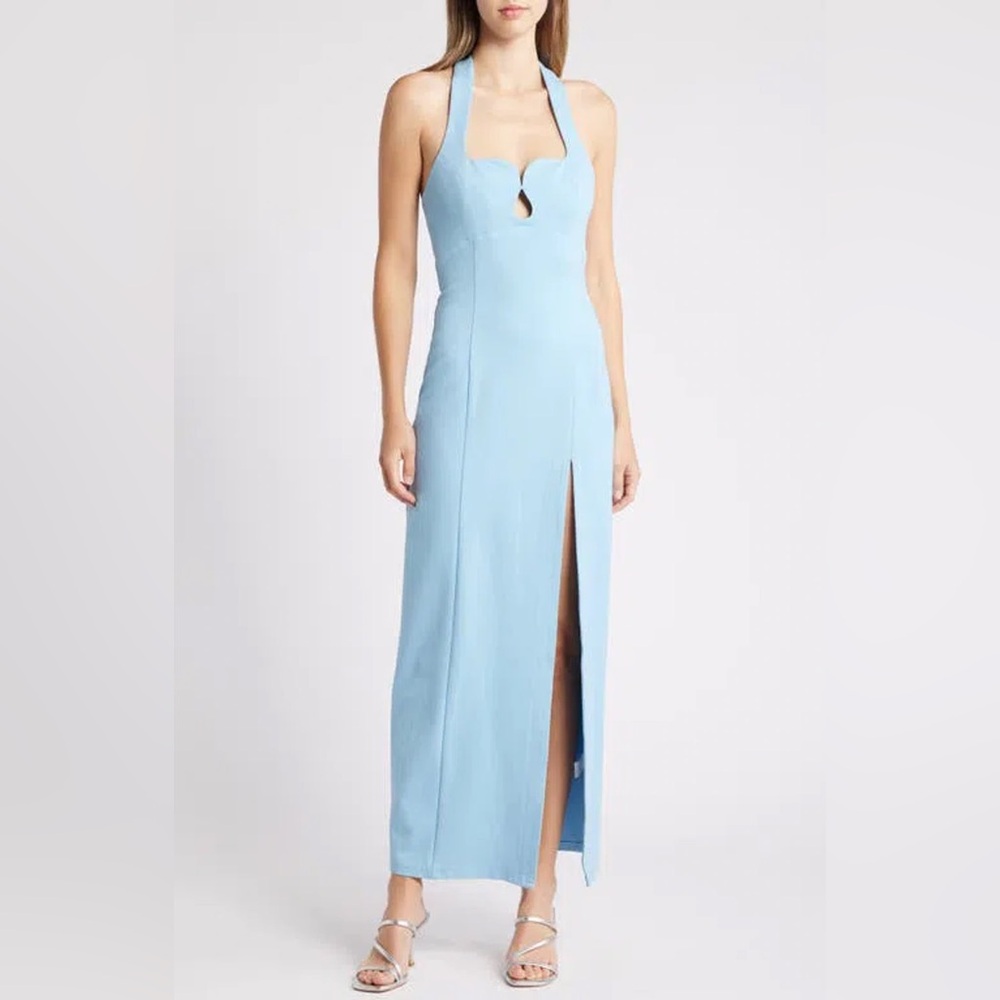 Elliatt Tuning Halter Neck Column Blue Cutout Gown Maxi Dress Size Medium